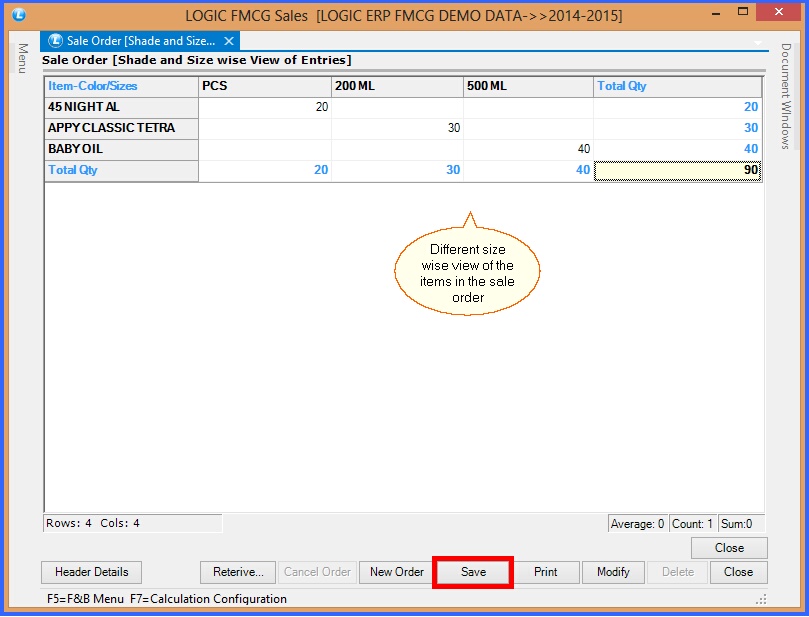 fmcg sale order shade size wise view